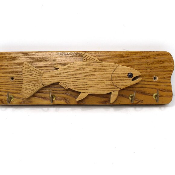 Vintage Solid Oak Fish 'n Creations 2003 Key Holder w/Salmon Fish Signed 4 Hooks - Picture 4 of 7